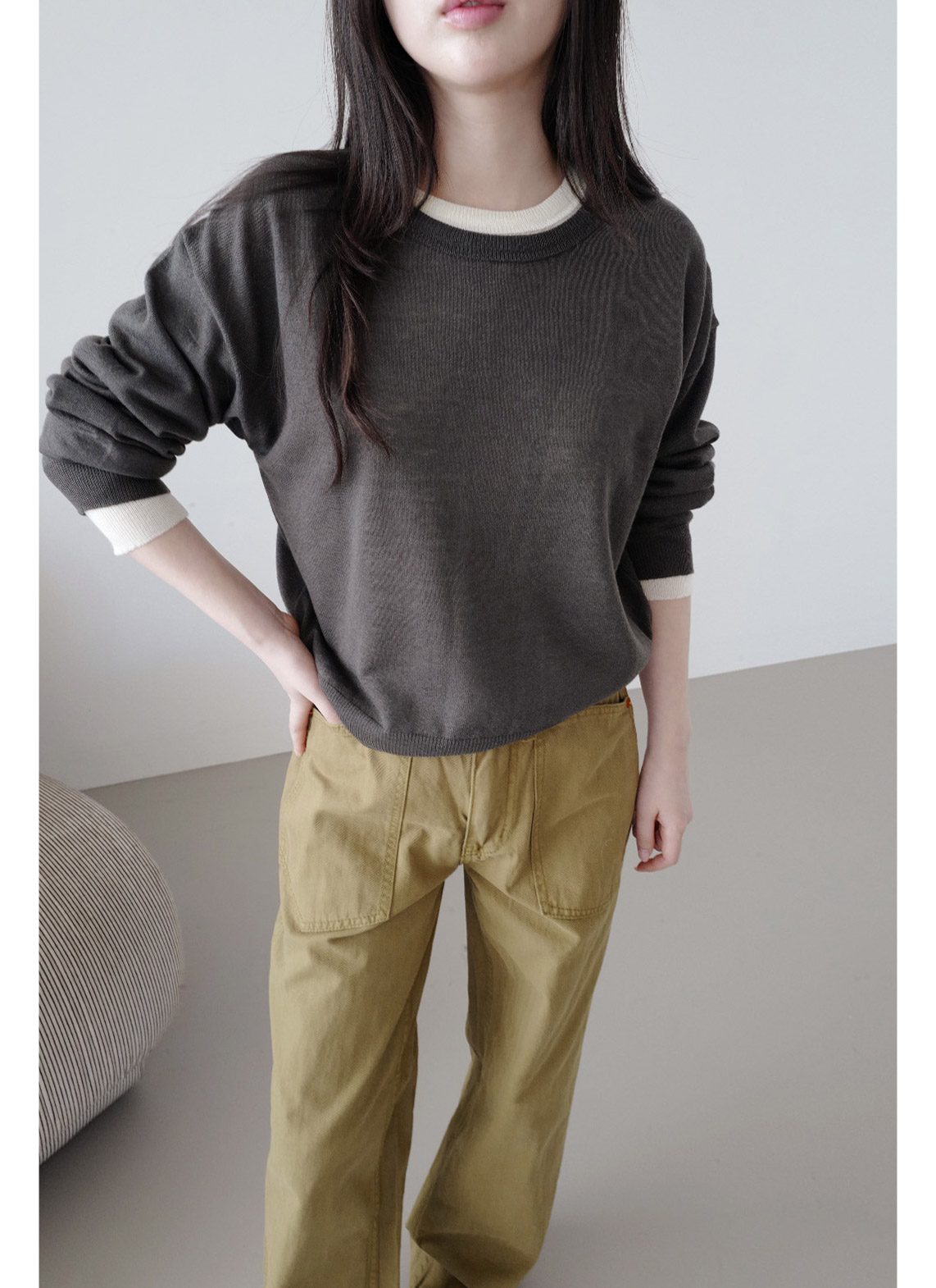 アクリルラウンドネックラインベーシック無地ニット春夏秋 | 詳細画像10