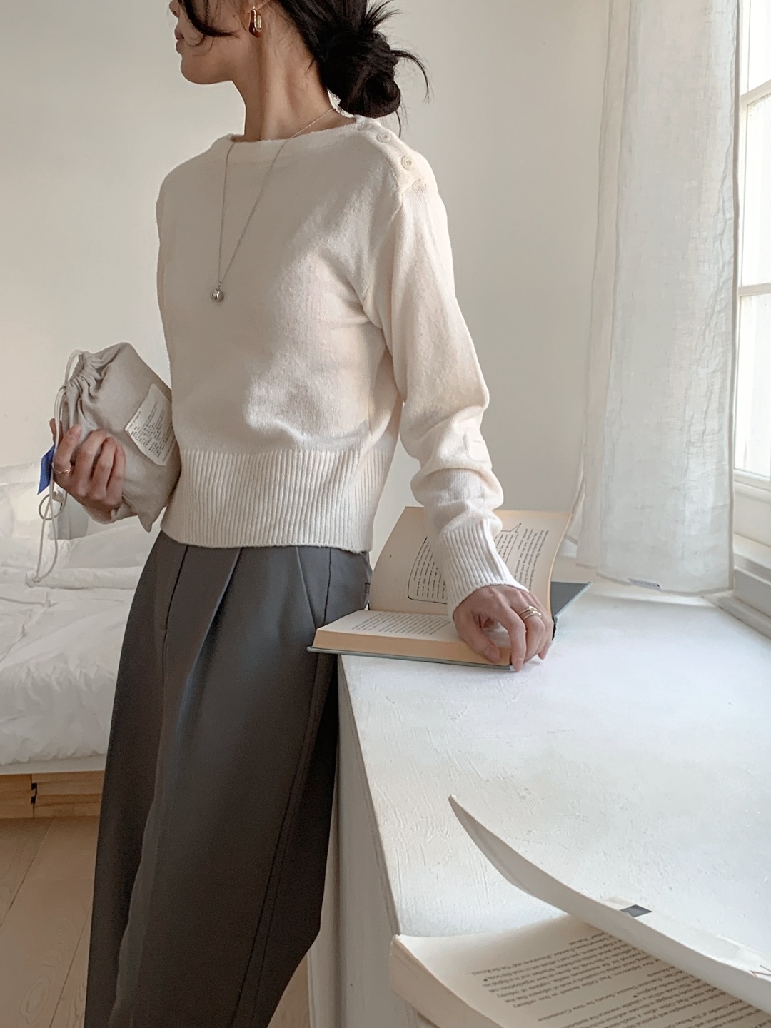 ボタンボートネックベーシック長袖ニット | 詳細画像7