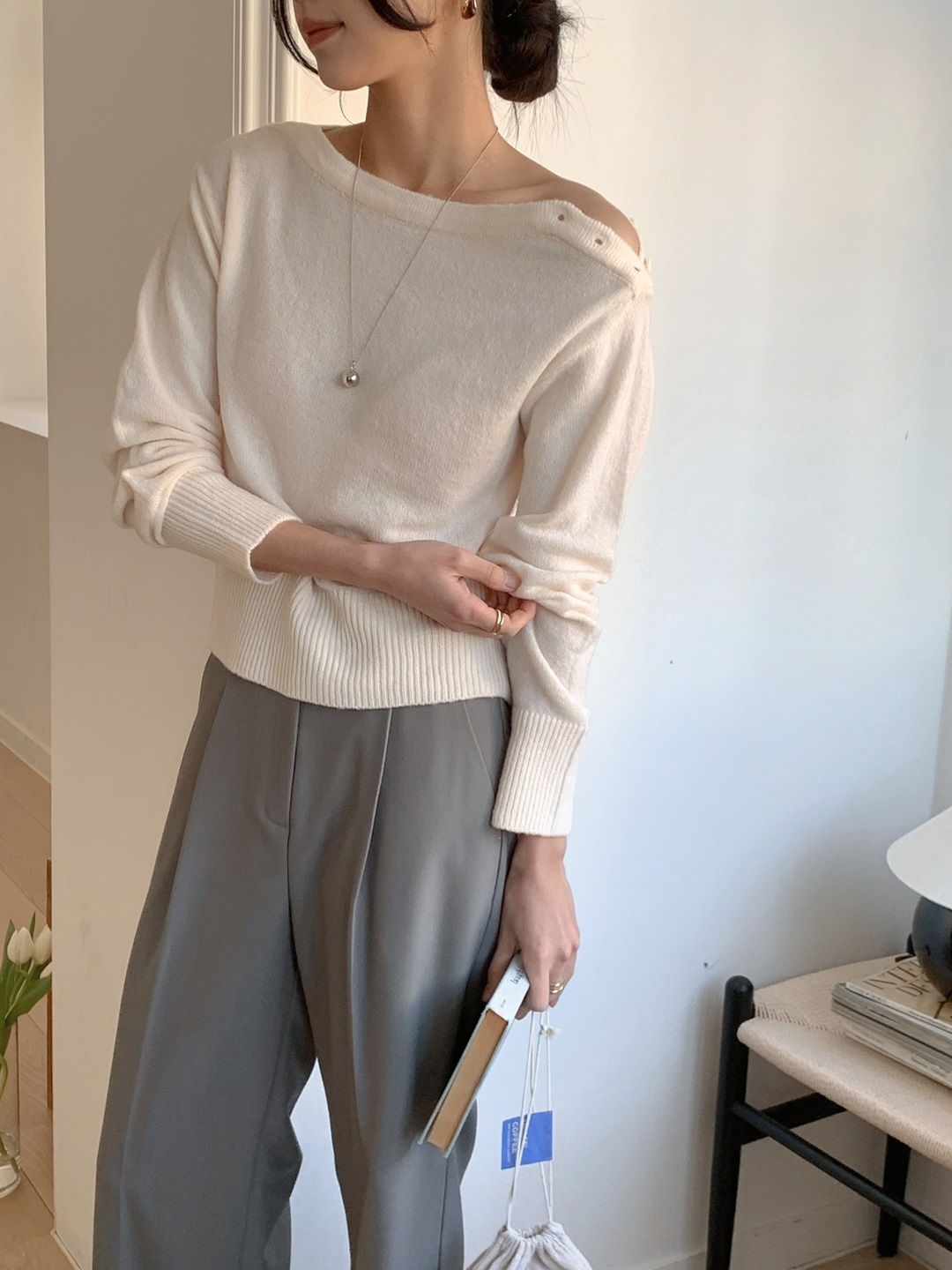 ボタンボートネックベーシック長袖ニット | 詳細画像9