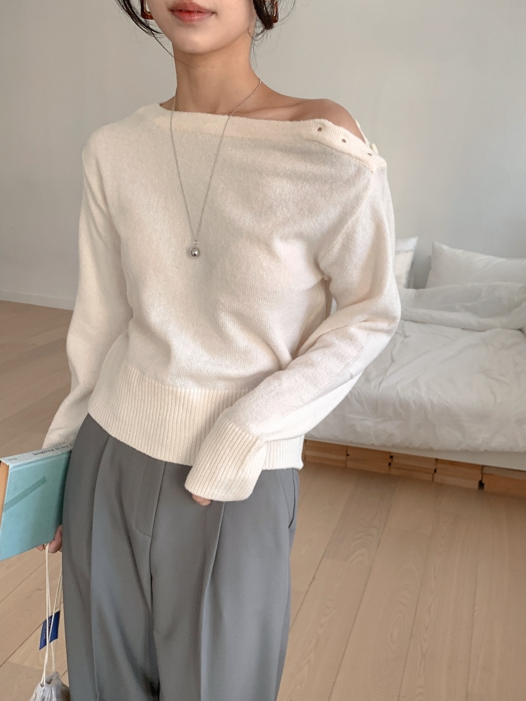 ボタンボートネックベーシック長袖ニット | 詳細画像10