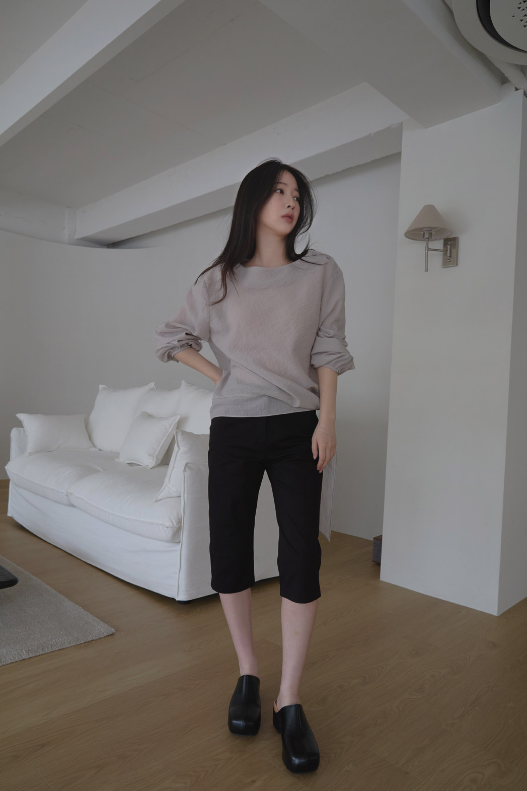 ストレッチコットンバミューダ無地パンツ春夏秋 | 詳細画像13