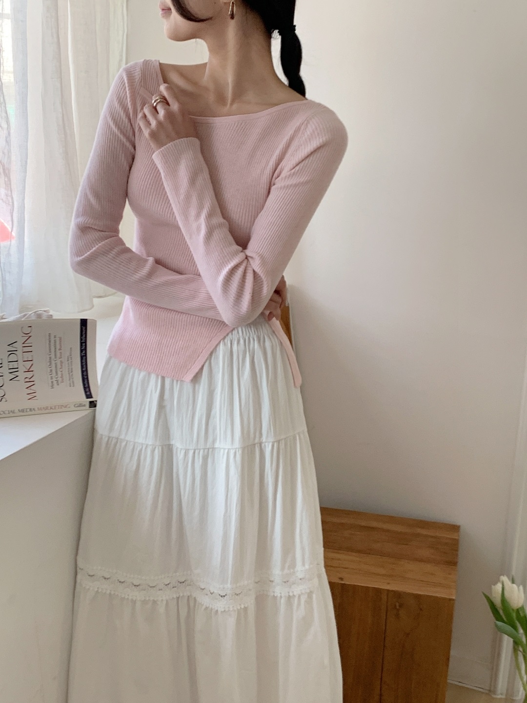 ボタンベーシックアンバランス長袖クロスニット | 詳細画像7