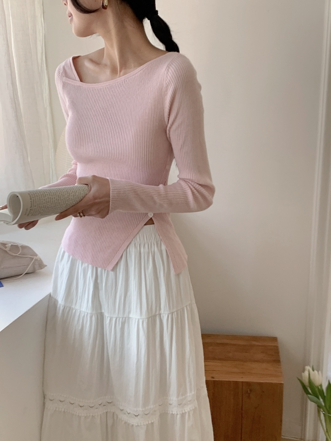 ボタンベーシックアンバランス長袖クロスニット | 詳細画像9