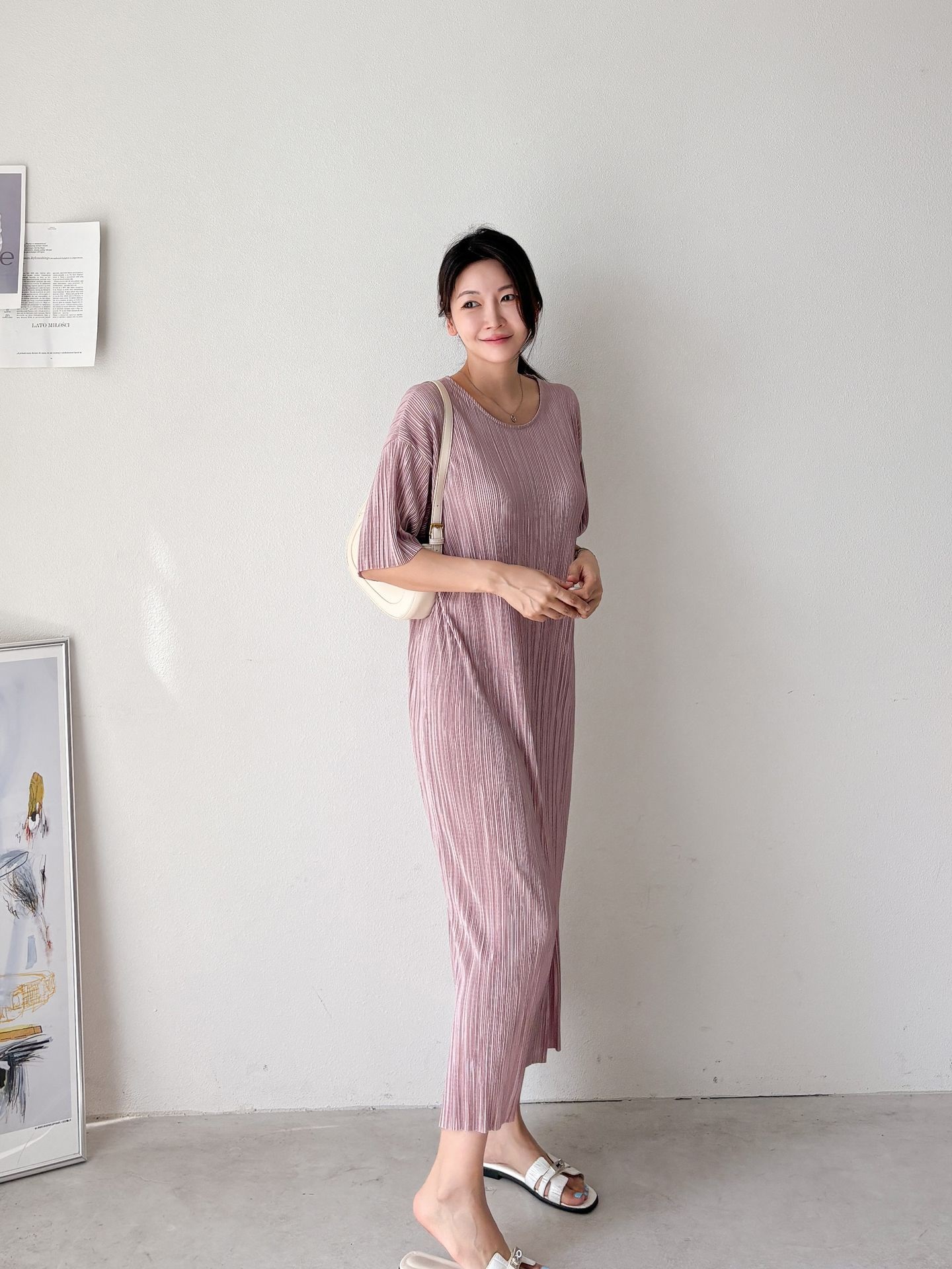 プリーツ半袖Iラインワンピース | 詳細画像3