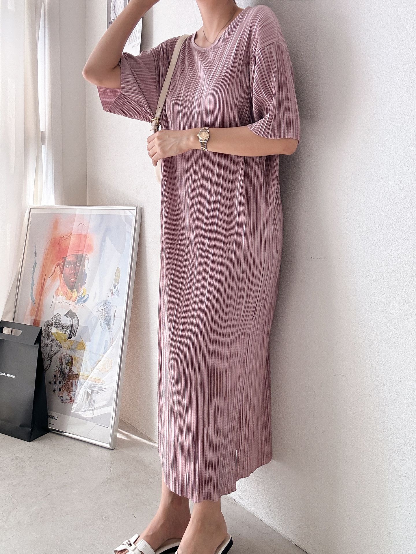 プリーツ半袖Iラインワンピース | 詳細画像12