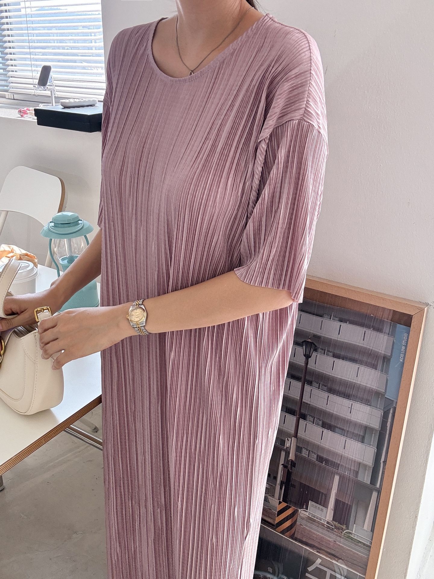 プリーツ半袖Iラインワンピース | 詳細画像17