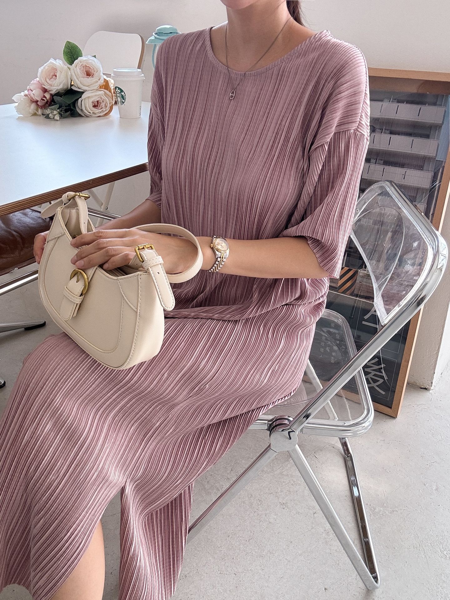 プリーツ半袖Iラインワンピース | 詳細画像21