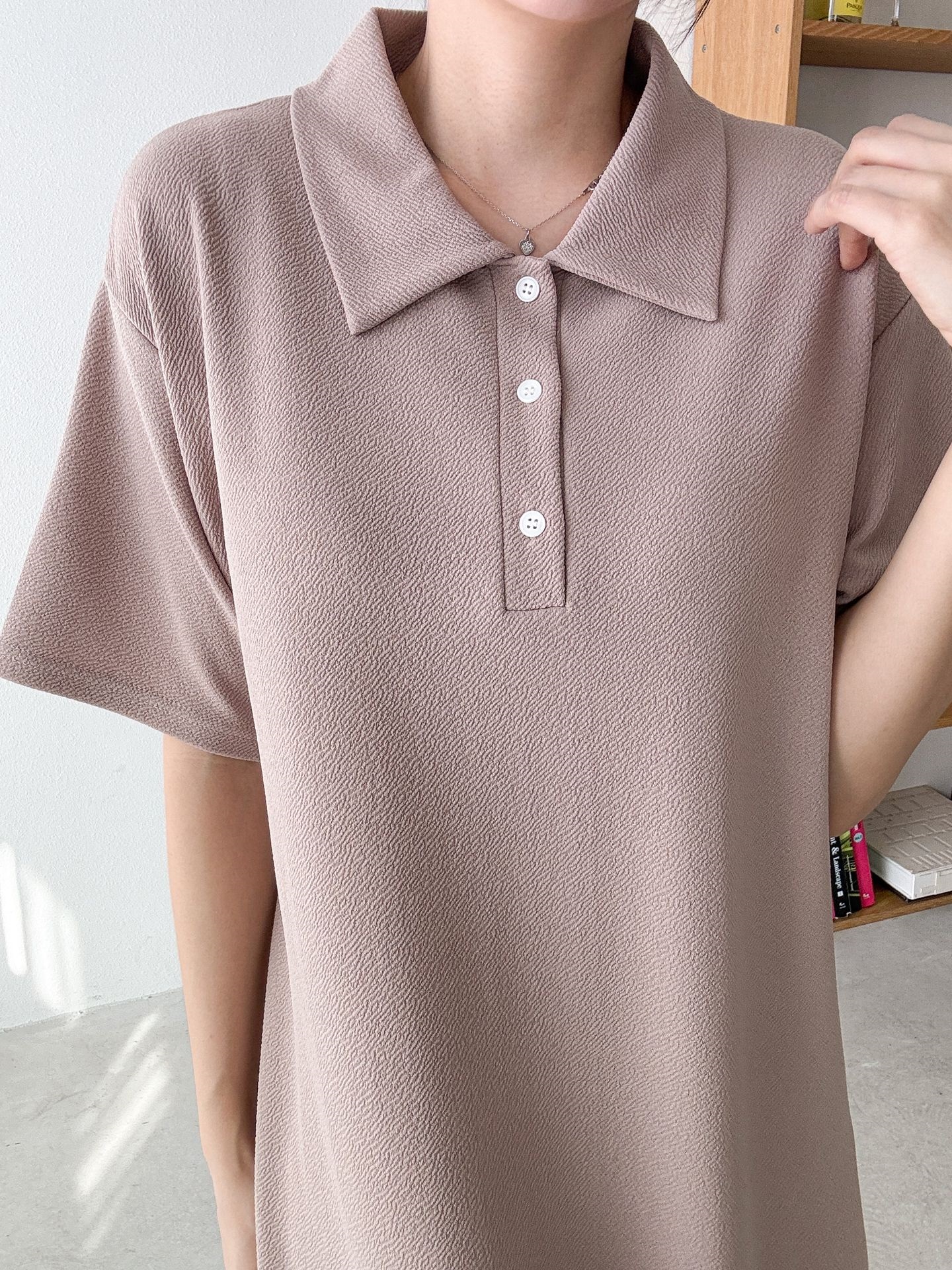 ポロカラーリンクル半袖ロングワンピース | 詳細画像12