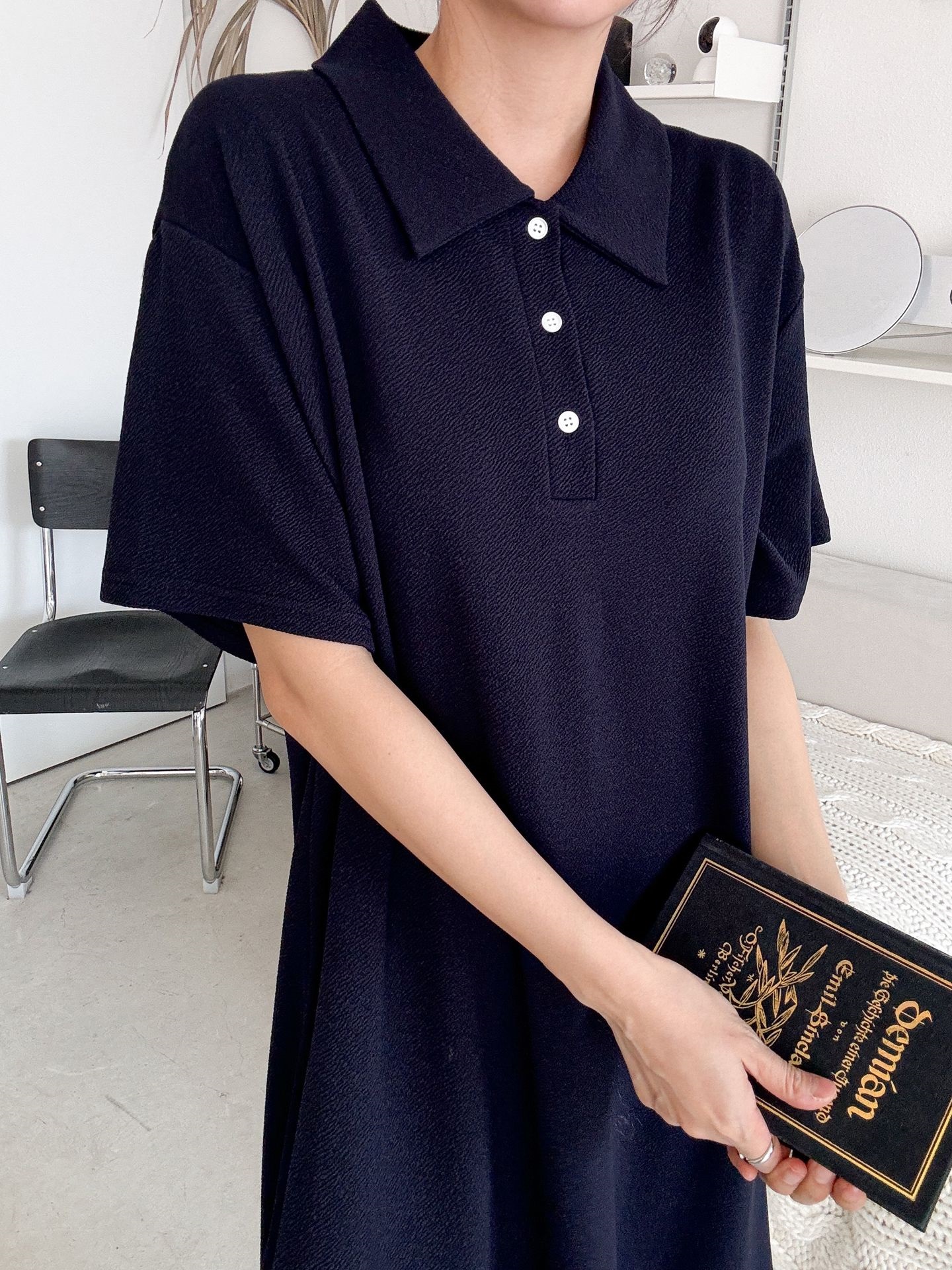 ポロカラーリンクル半袖ロングワンピース | 詳細画像15