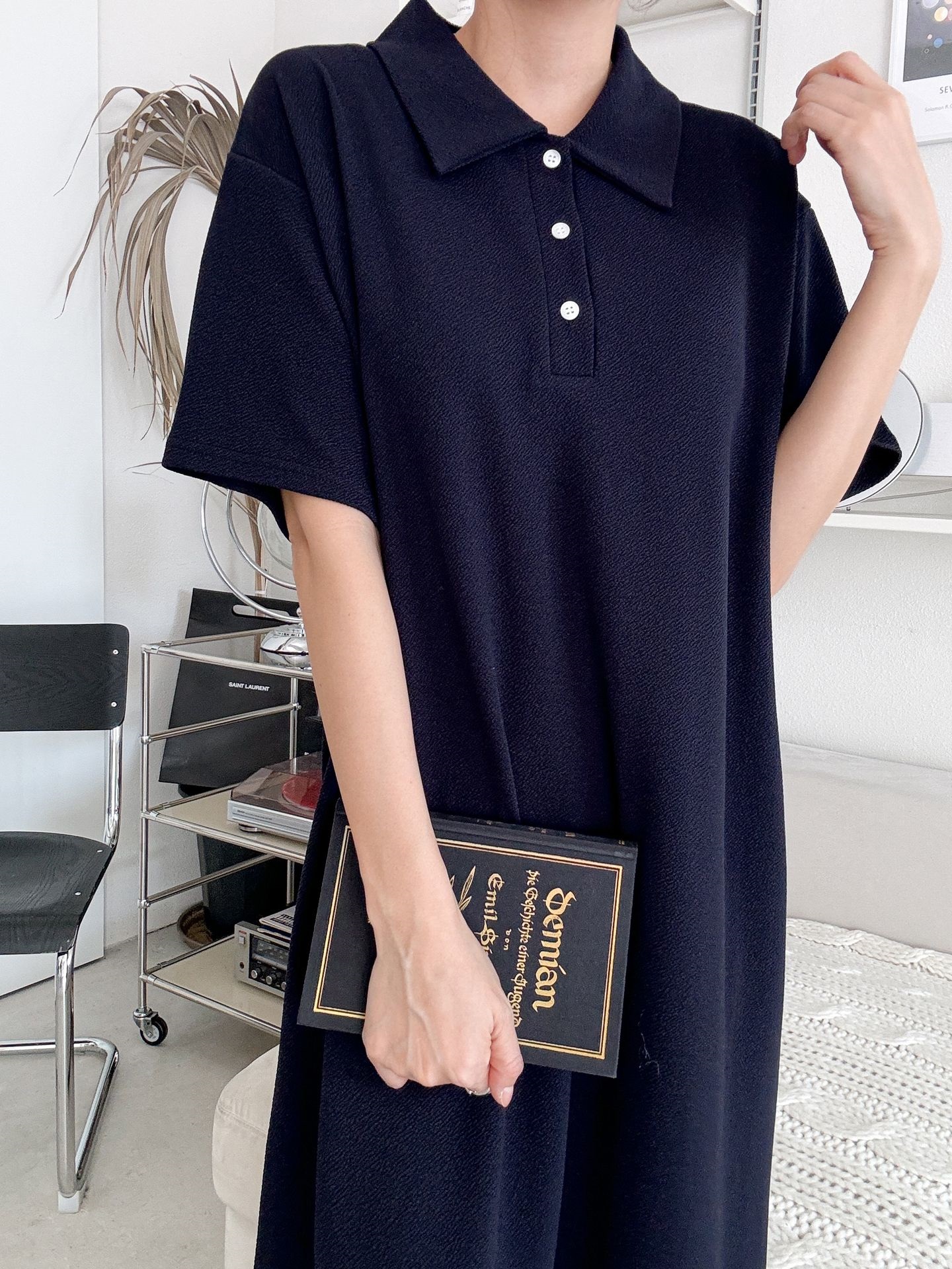 ポロカラーリンクル半袖ロングワンピース | 詳細画像16