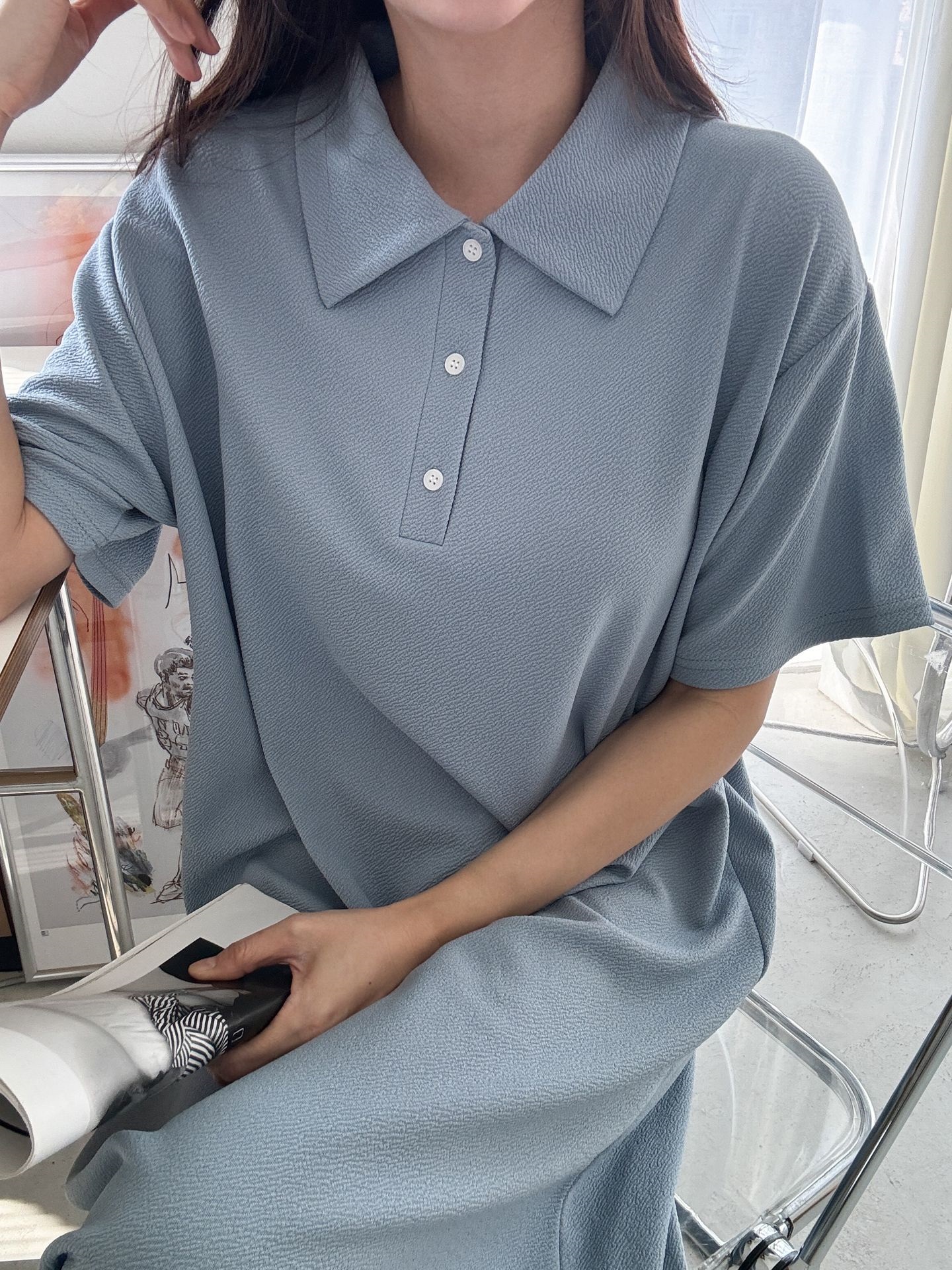 ポロカラーリンクル半袖ロングワンピース | 詳細画像32