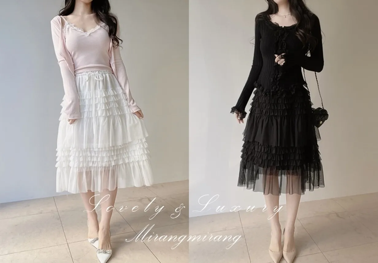 コットンドローストリングフリルティアードウエストゴムAラインスカート | mirangmirang | 詳細画像1