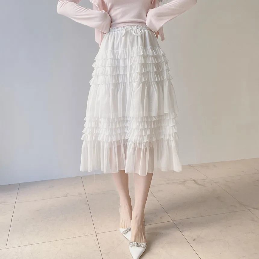 コットンドローストリングフリルティアードウエストゴムAラインスカート | mirangmirang | 詳細画像2