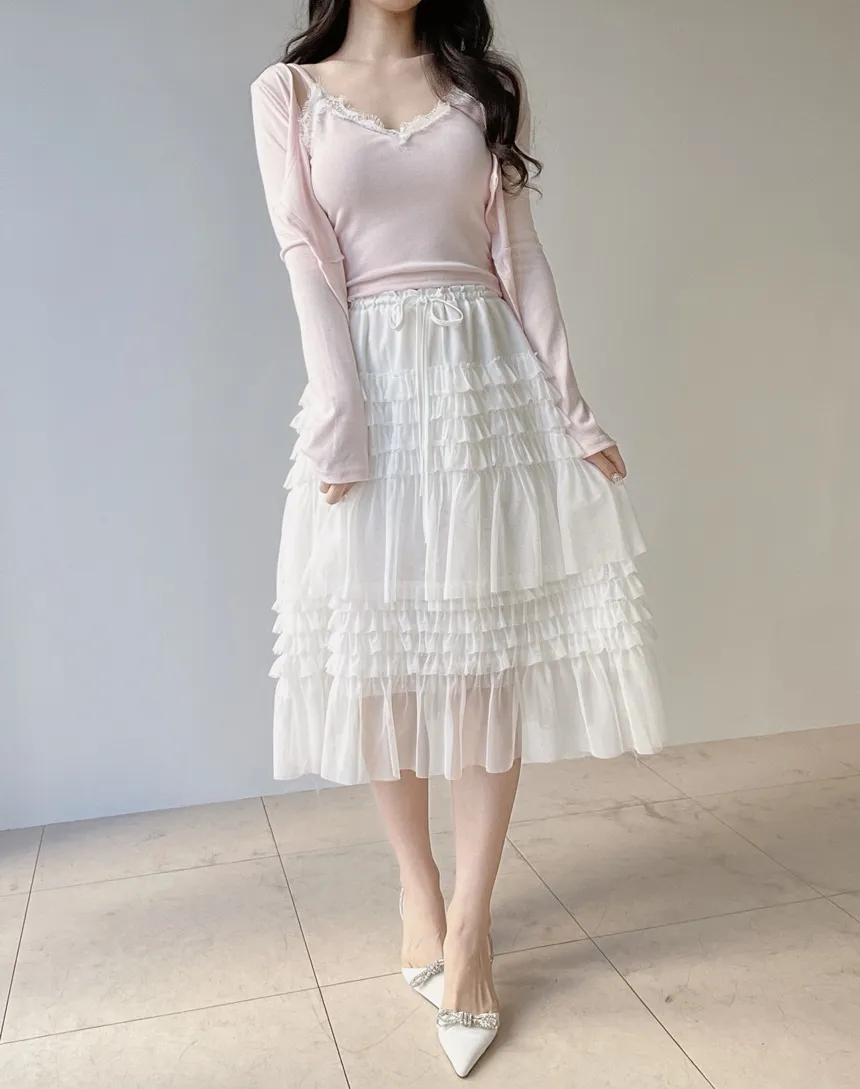 コットンドローストリングフリルティアードウエストゴムAラインスカート | mirangmirang | 詳細画像4