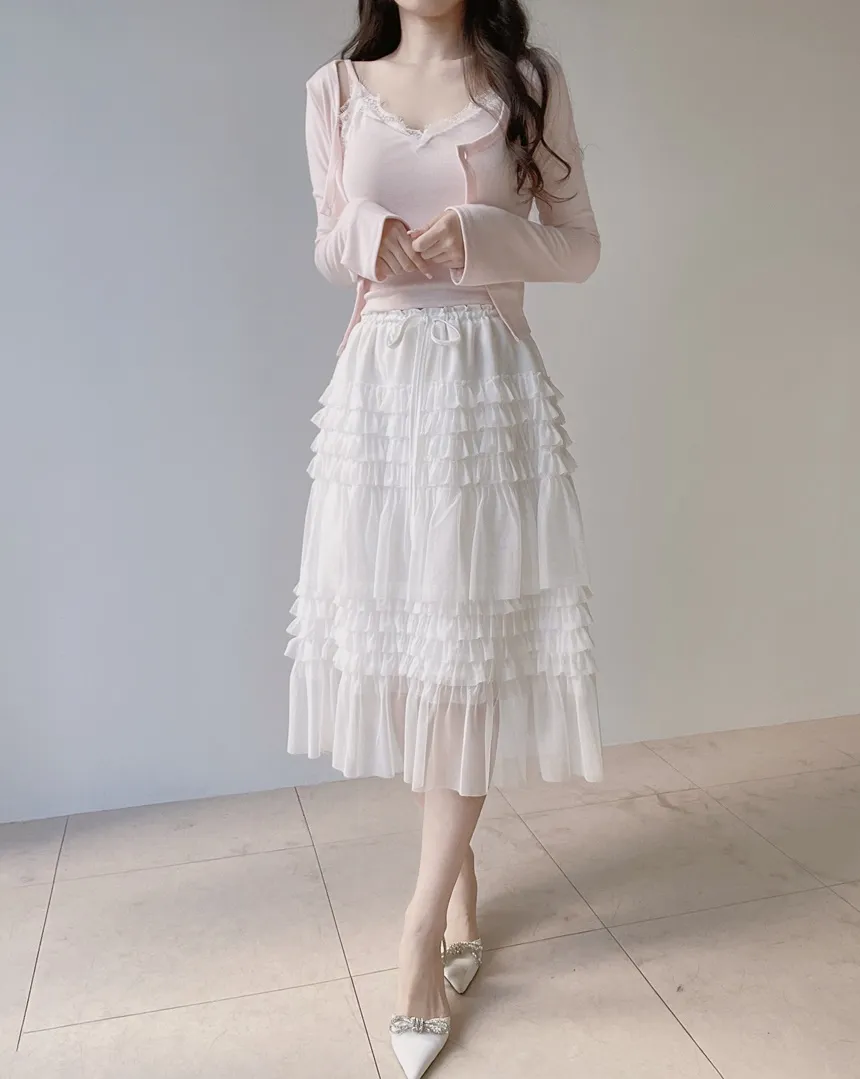 コットンドローストリングフリルティアードウエストゴムAラインスカート | mirangmirang | 詳細画像8