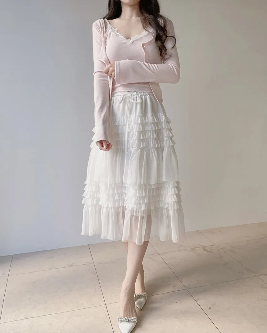 コットンドローストリングフリルティアードウエストゴムAラインスカート | mirangmirang | 詳細画像9