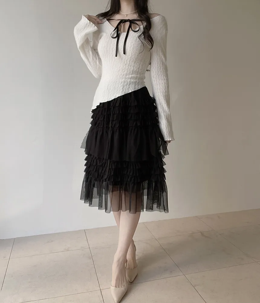 コットンドローストリングフリルティアードウエストゴムAラインスカート | mirangmirang | 詳細画像25