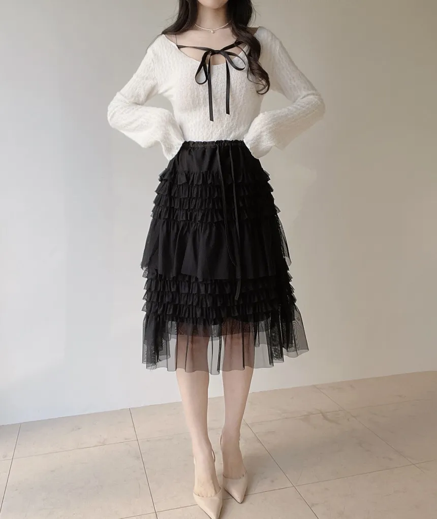 コットンドローストリングフリルティアードウエストゴムAラインスカート | mirangmirang | 詳細画像26