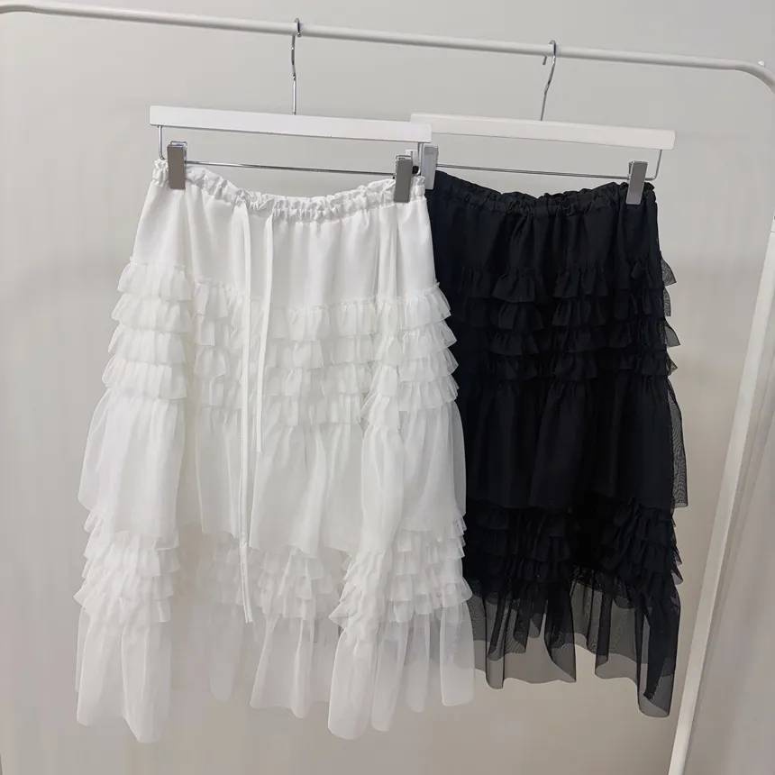 コットンドローストリングフリルティアードウエストゴムAラインスカート | mirangmirang | 詳細画像29