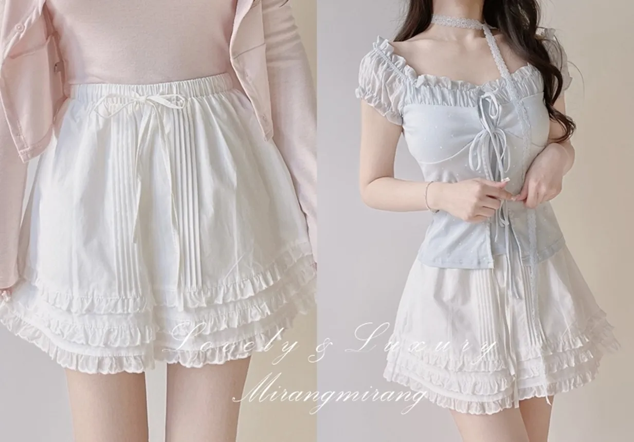 コットンウエストゴムドローストリングミニフリルスカート | mirangmirang | 詳細画像1