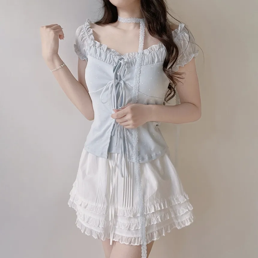 コットンウエストゴムドローストリングミニフリルスカート | mirangmirang | 詳細画像13