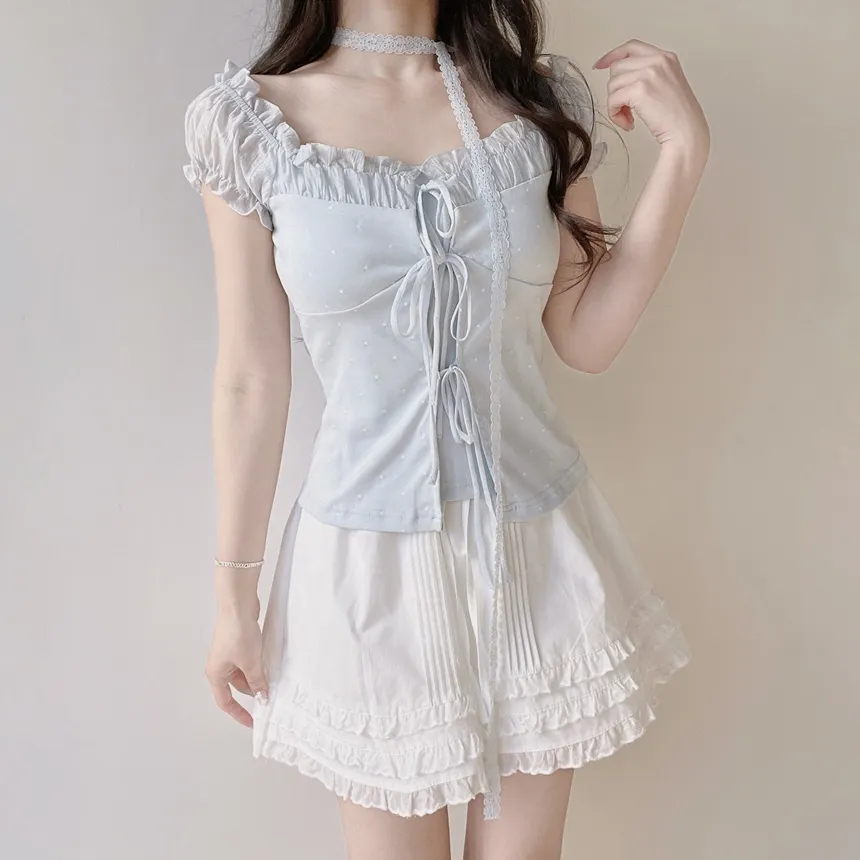 コットンウエストゴムドローストリングミニフリルスカート | mirangmirang | 詳細画像14