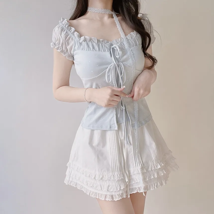 コットンウエストゴムドローストリングミニフリルスカート | mirangmirang | 詳細画像15