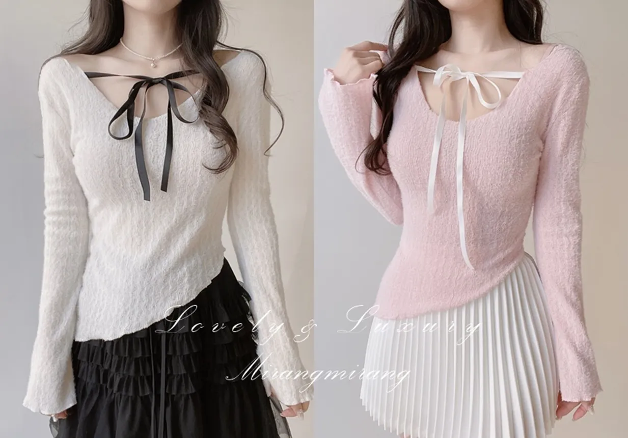 Vネックリボンアンバランス長袖オフショルダーTシャツ | mirangmirang | 詳細画像1