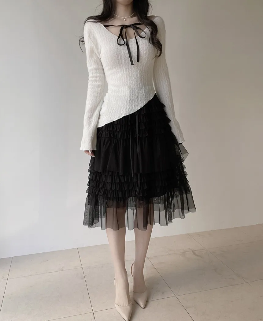 Vネックリボンアンバランス長袖オフショルダーTシャツ | mirangmirang | 詳細画像5