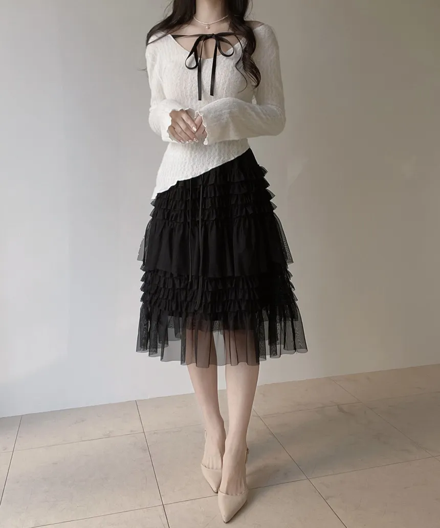 Vネックリボンアンバランス長袖オフショルダーTシャツ | mirangmirang | 詳細画像6