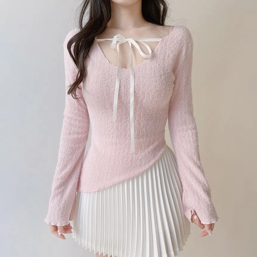 Vネックリボンアンバランス長袖オフショルダーTシャツ | mirangmirang | 詳細画像9