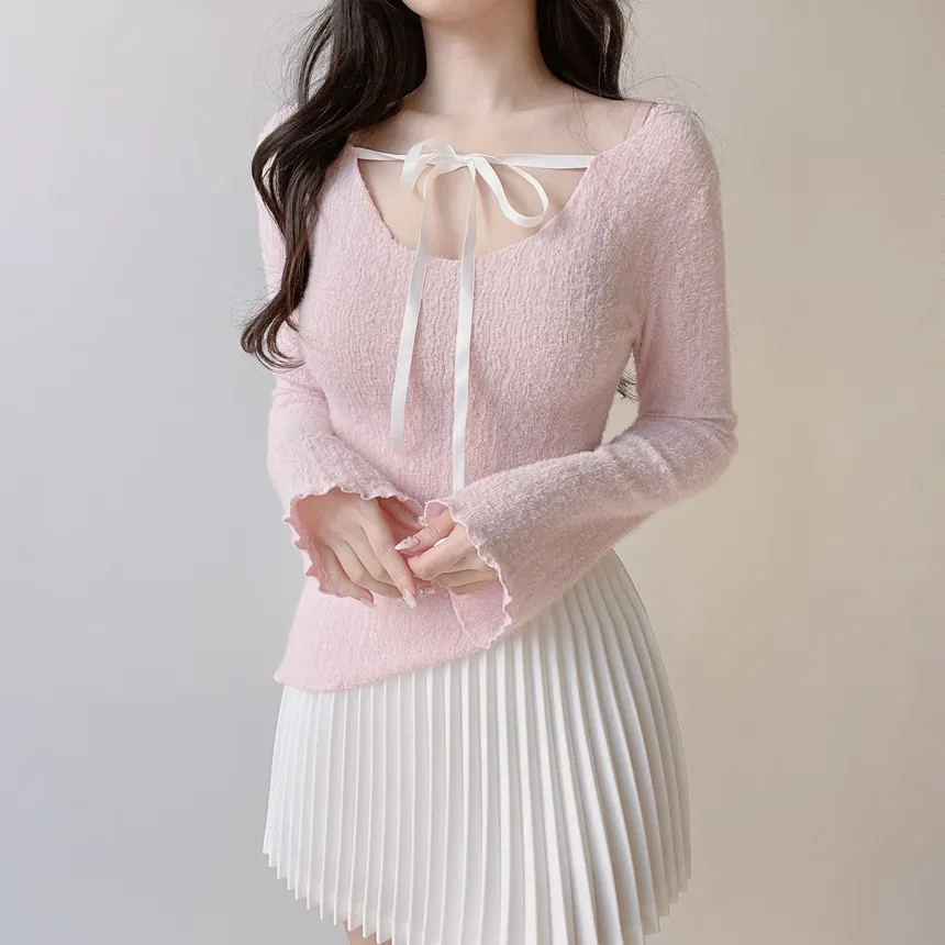 Vネックリボンアンバランス長袖オフショルダーTシャツ | mirangmirang | 詳細画像10