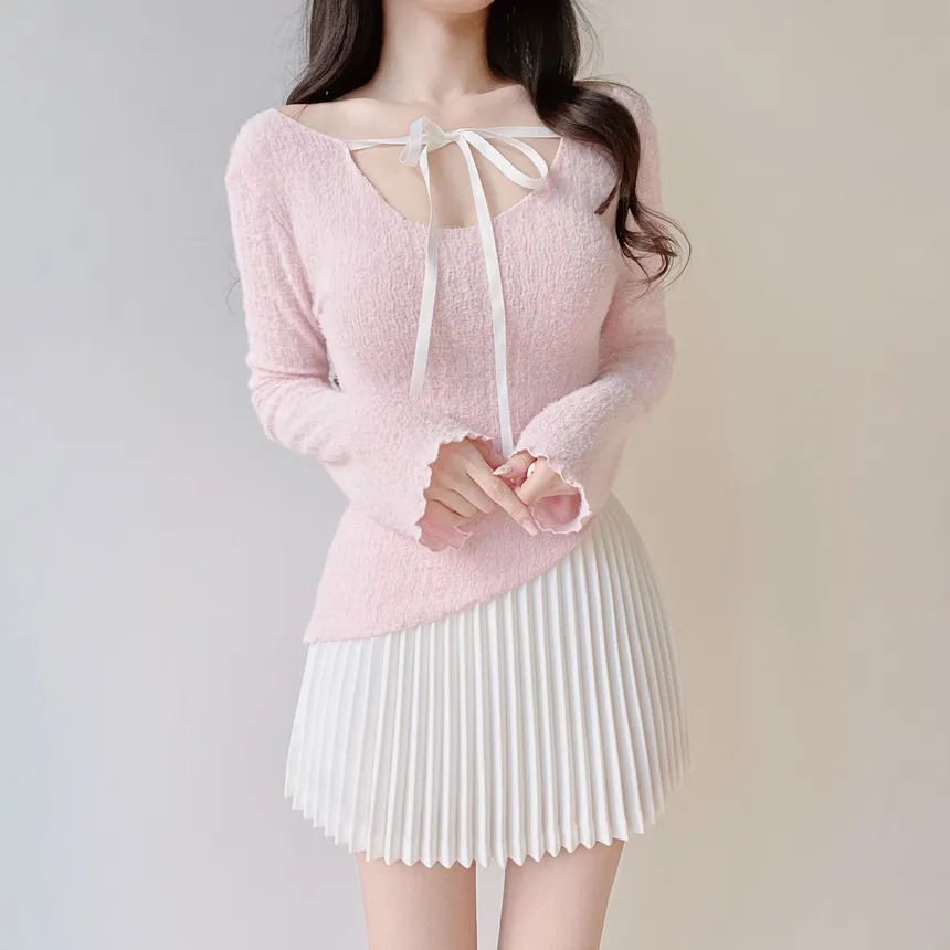 Vネックリボンアンバランス長袖オフショルダーTシャツ | mirangmirang | 詳細画像12