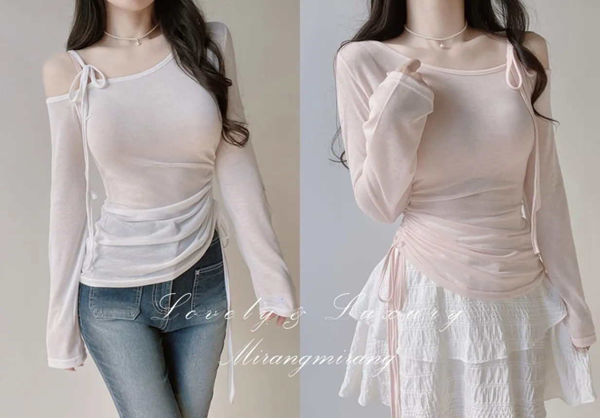 シースルーワンショルダーアンバランスネックシャーリングドローストリング長袖Tシャツ | mirangmirang | 詳細画像1