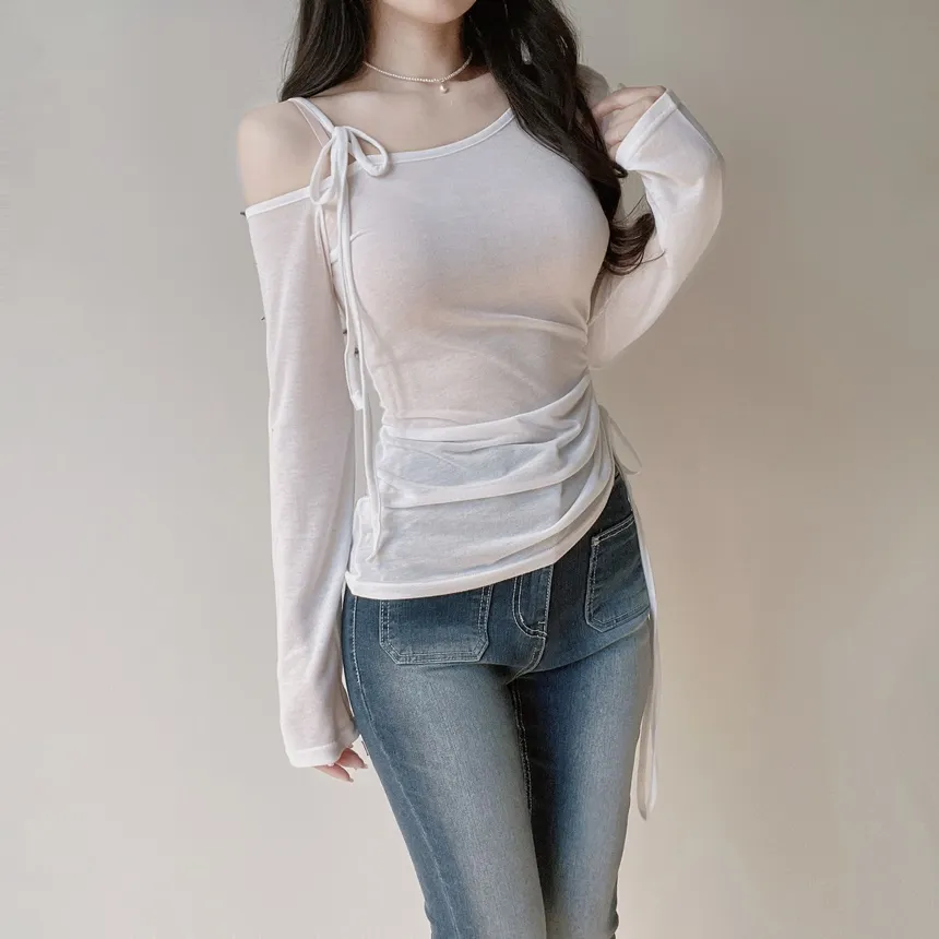 シースルーワンショルダーアンバランスネックシャーリングドローストリング長袖Tシャツ | mirangmirang | 詳細画像4