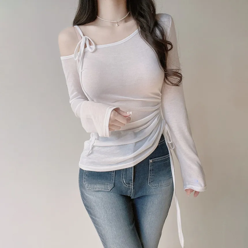 シースルーワンショルダーアンバランスネックシャーリングドローストリング長袖Tシャツ | mirangmirang | 詳細画像6