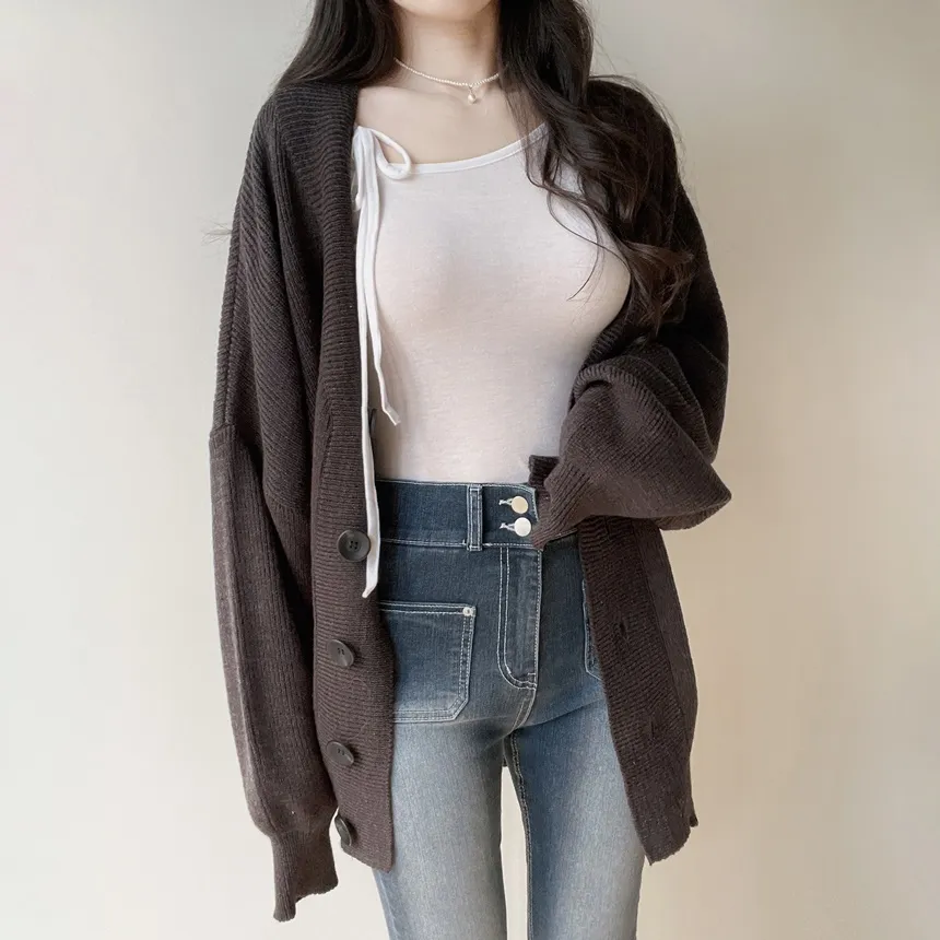 シースルーワンショルダーアンバランスネックシャーリングドローストリング長袖Tシャツ | mirangmirang | 詳細画像7