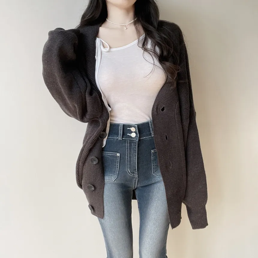 シースルーワンショルダーアンバランスネックシャーリングドローストリング長袖Tシャツ | mirangmirang | 詳細画像8