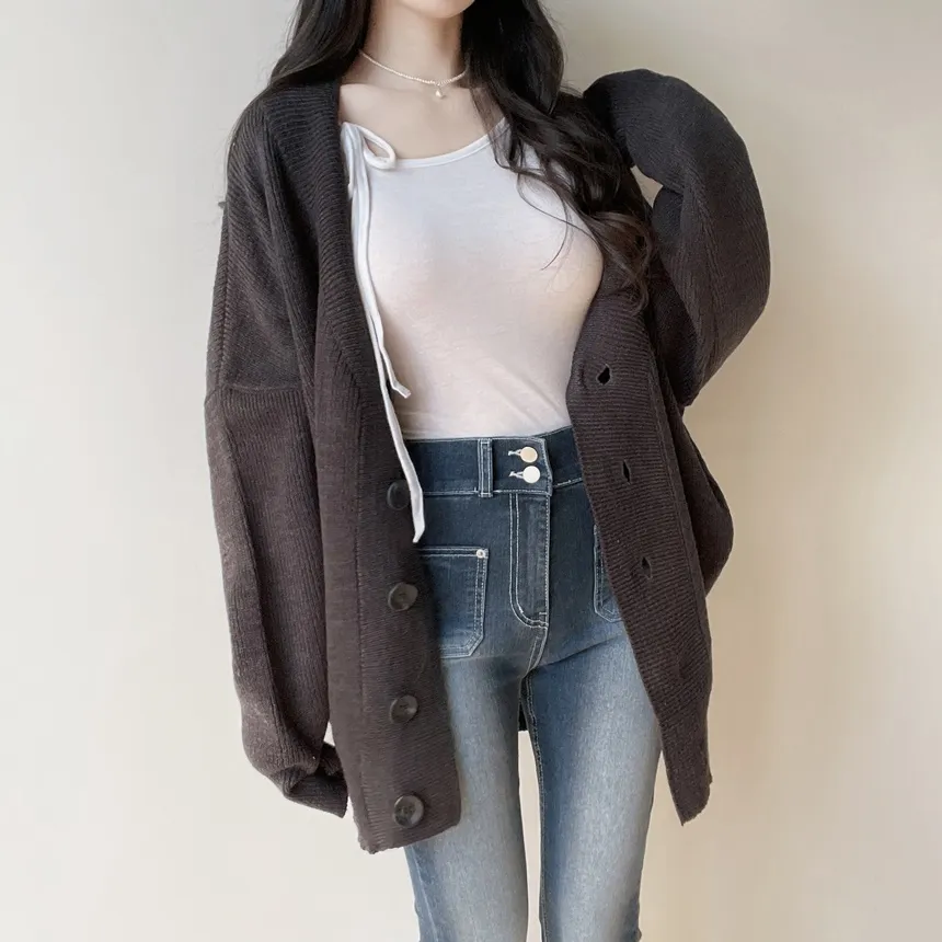 シースルーワンショルダーアンバランスネックシャーリングドローストリング長袖Tシャツ | mirangmirang | 詳細画像9