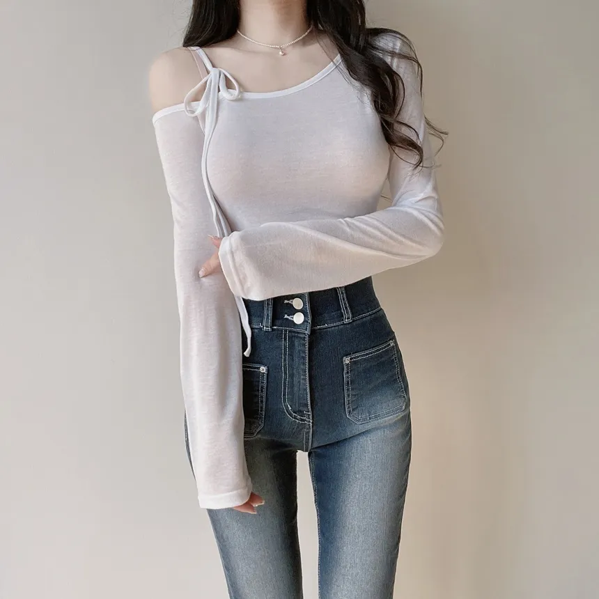 シースルーワンショルダーアンバランスネックシャーリングドローストリング長袖Tシャツ | mirangmirang | 詳細画像11