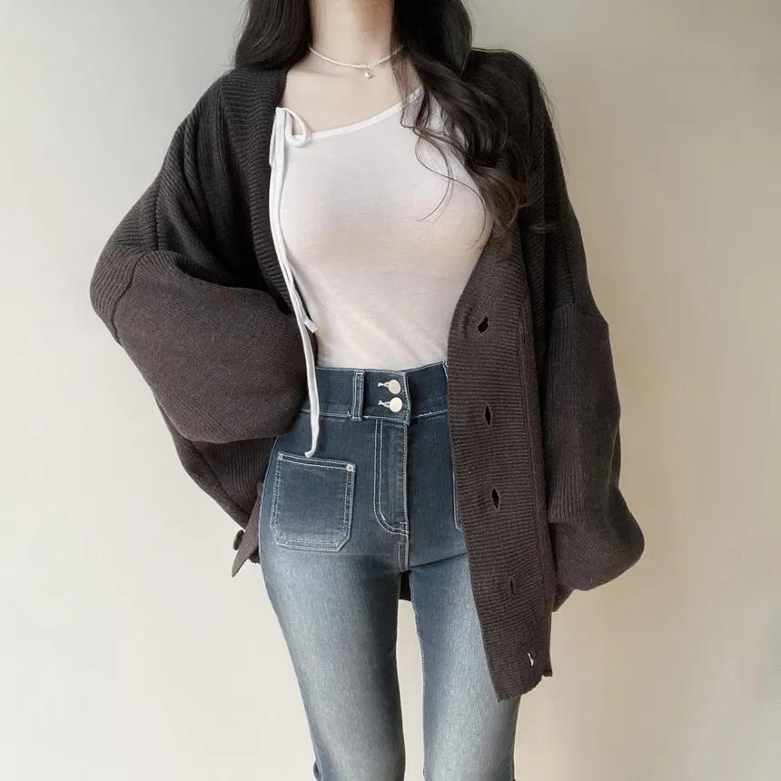 シースルーワンショルダーアンバランスネックシャーリングドローストリング長袖Tシャツ | mirangmirang | 詳細画像20