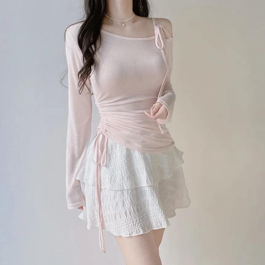 シースルーワンショルダーアンバランスネックシャーリングドローストリング長袖Tシャツ | mirangmirang | 詳細画像21