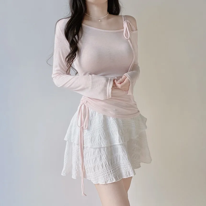 シースルーワンショルダーアンバランスネックシャーリングドローストリング長袖Tシャツ | mirangmirang | 詳細画像22