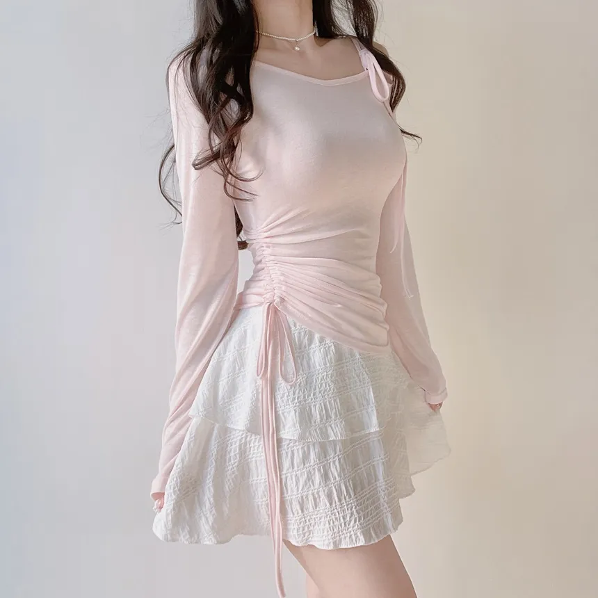 シースルーワンショルダーアンバランスネックシャーリングドローストリング長袖Tシャツ | mirangmirang | 詳細画像27