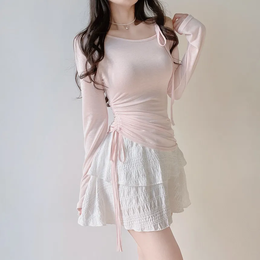 シースルーワンショルダーアンバランスネックシャーリングドローストリング長袖Tシャツ | mirangmirang | 詳細画像28