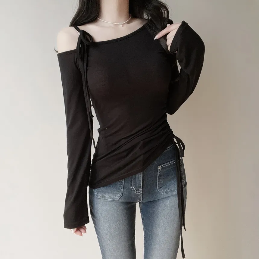 シースルーワンショルダーアンバランスネックシャーリングドローストリング長袖Tシャツ | mirangmirang | 詳細画像29