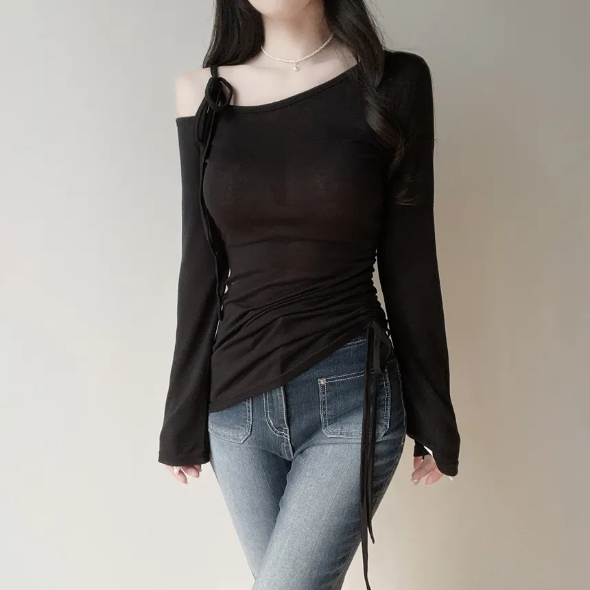 シースルーワンショルダーアンバランスネックシャーリングドローストリング長袖Tシャツ | mirangmirang | 詳細画像31