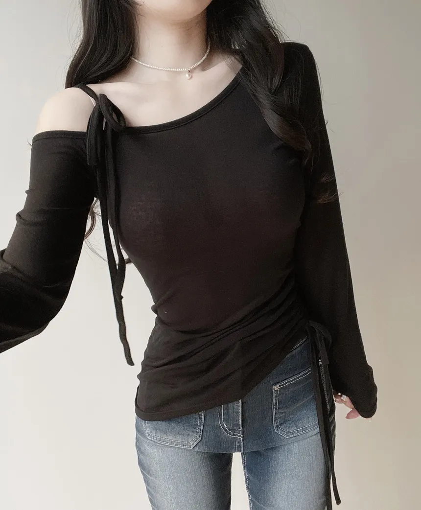 シースルーワンショルダーアンバランスネックシャーリングドローストリング長袖Tシャツ | mirangmirang | 詳細画像33