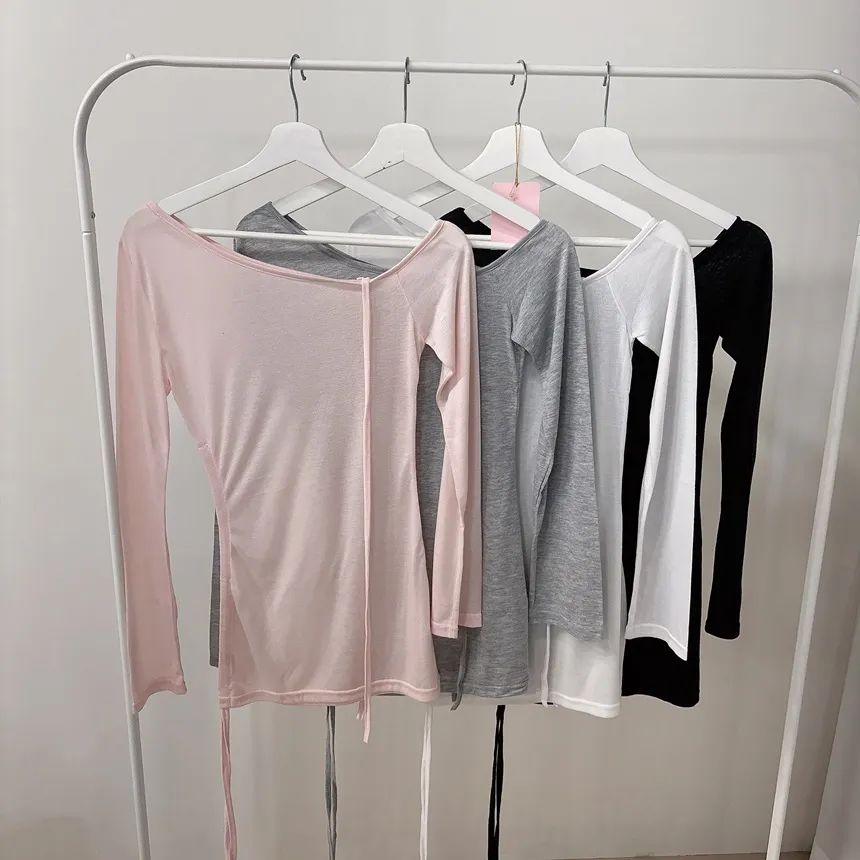 シースルーワンショルダーアンバランスネックシャーリングドローストリング長袖Tシャツ | mirangmirang | 詳細画像34