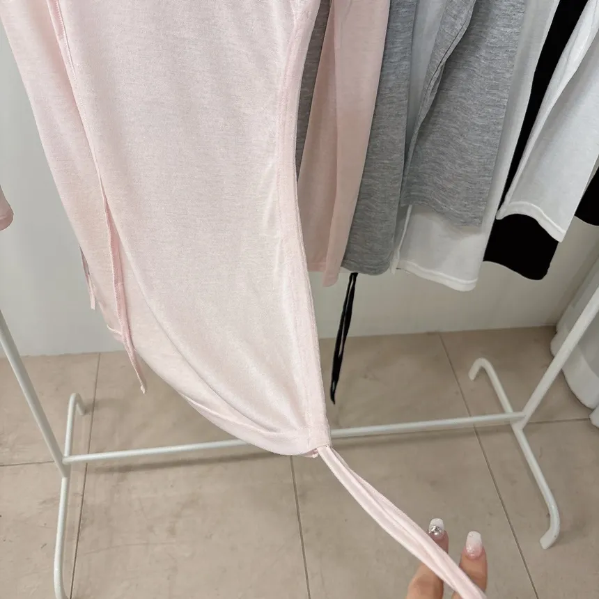 シースルーワンショルダーアンバランスネックシャーリングドローストリング長袖Tシャツ | mirangmirang | 詳細画像37